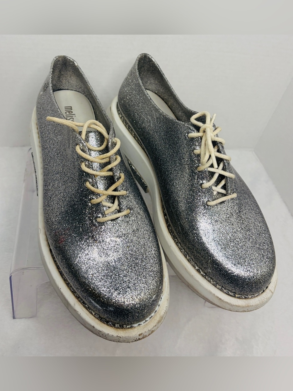 Melissa + Vitorino Campos Grunge platform oxford shoes in silver glitter size 8
